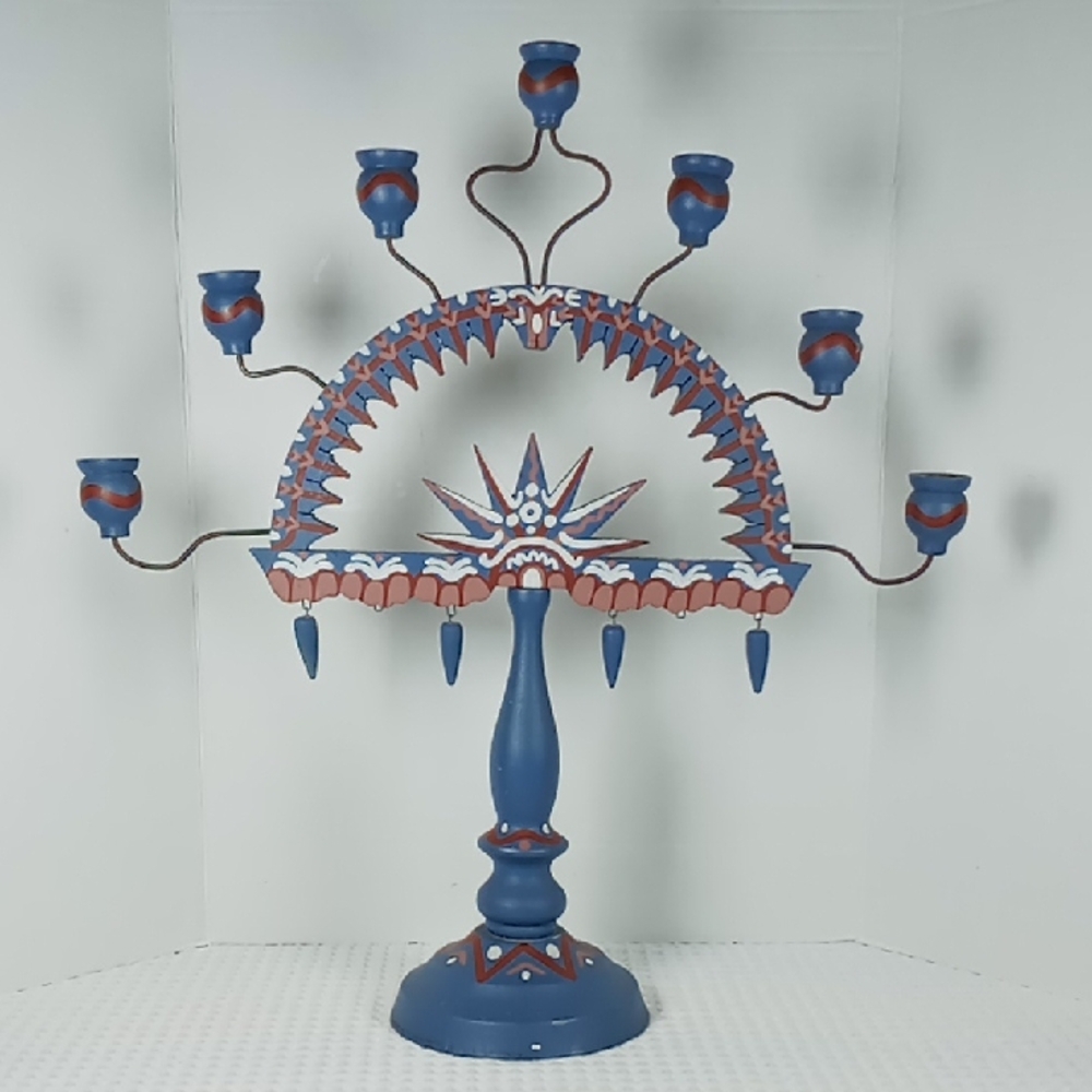 Vintage Swedish Folk Art 7 Arm  Candelabra (Aventljusstakes) Country Blue/Red